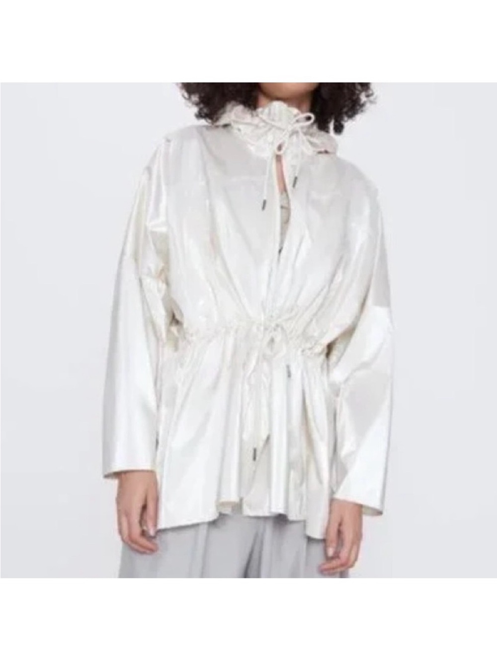 Zara Off-White Hooded Raincoat Oversized Hooded Shiny Pearl Windbreaker - Picture 2 of 5